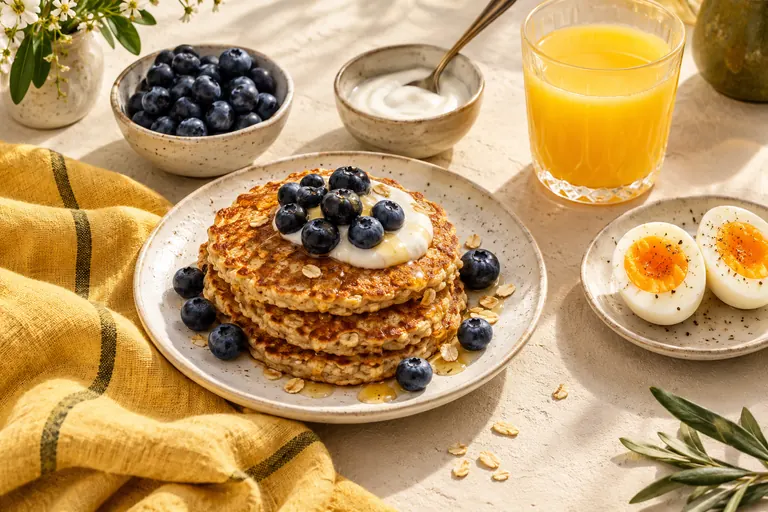 Oat pancakes with blueberries, yogurt, a boiled egg and orange juice