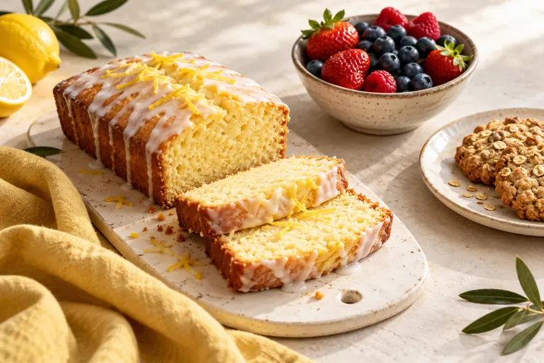 Lemon loaf cake slices, berries and oatmeal cookies on cream plates