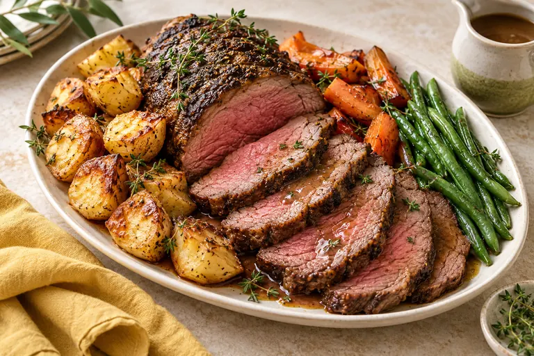Sliced roast beef with roast potatoes, carrots, green beans and pan gravy