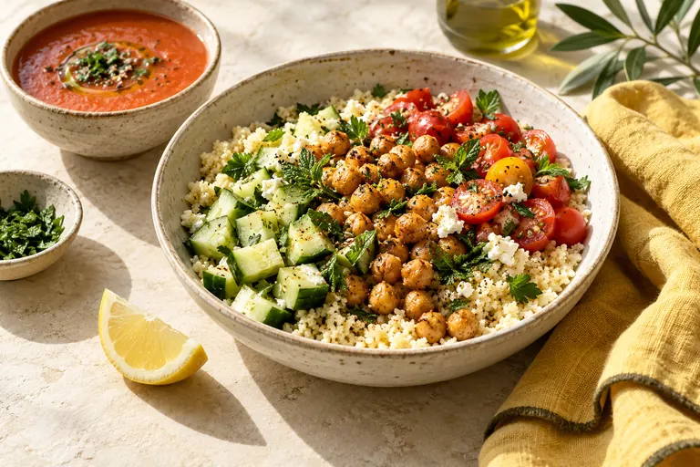 Couscous and chickpea lunch bowl with vegetables and tomato soup