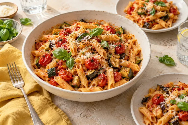 Tomato basil pasta with roasted vegetables, set out for an everyday supper