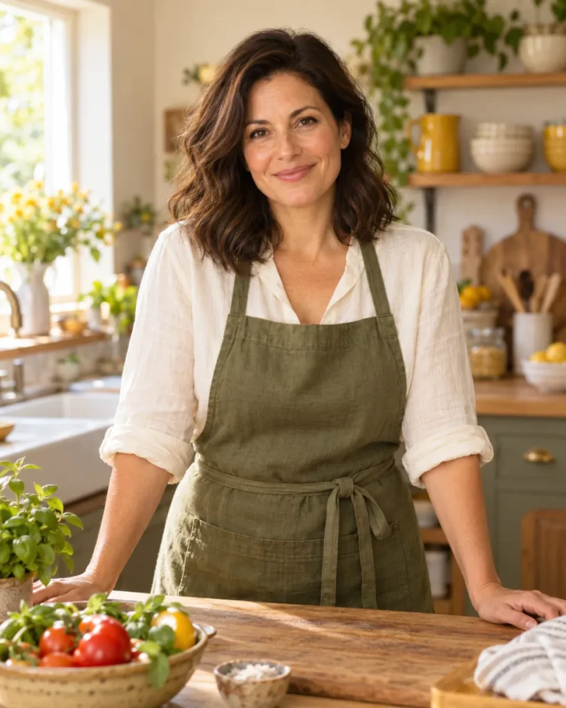 AI-created MealsLover host in a cream blouse and olive apron